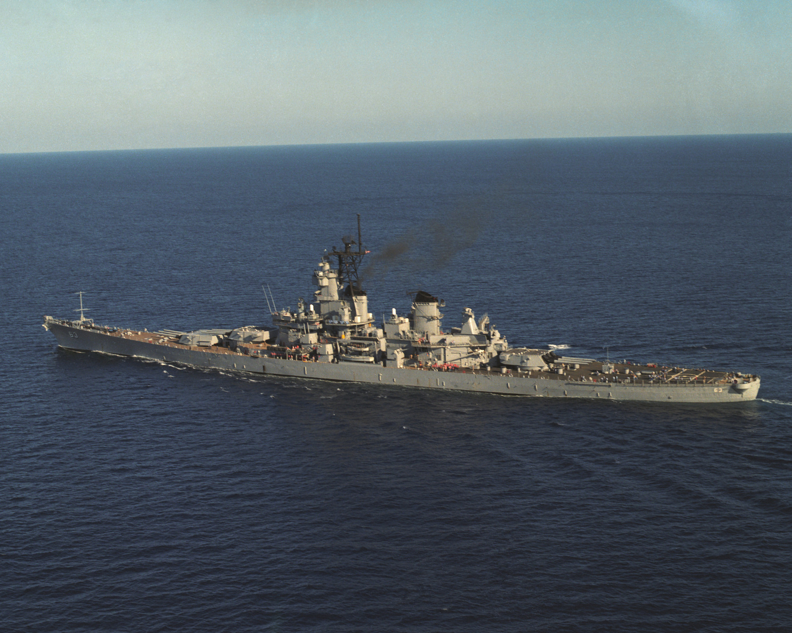 An aerial port quarter view of the battleship USS MISSOURI (BB 63 ...