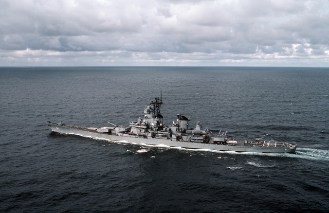 A port quarter view of the battleship USS IOWA (BB 61) underway during ...