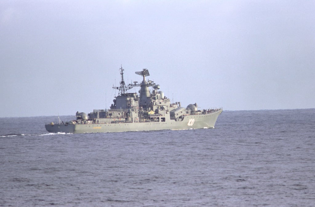 A starboard quarter view of the Soviet Sovremenny class destroyer ...