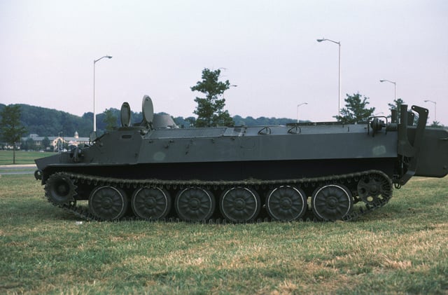 A left side view of a Soviet MT-LB multi-purpose tracked vehicle on ...