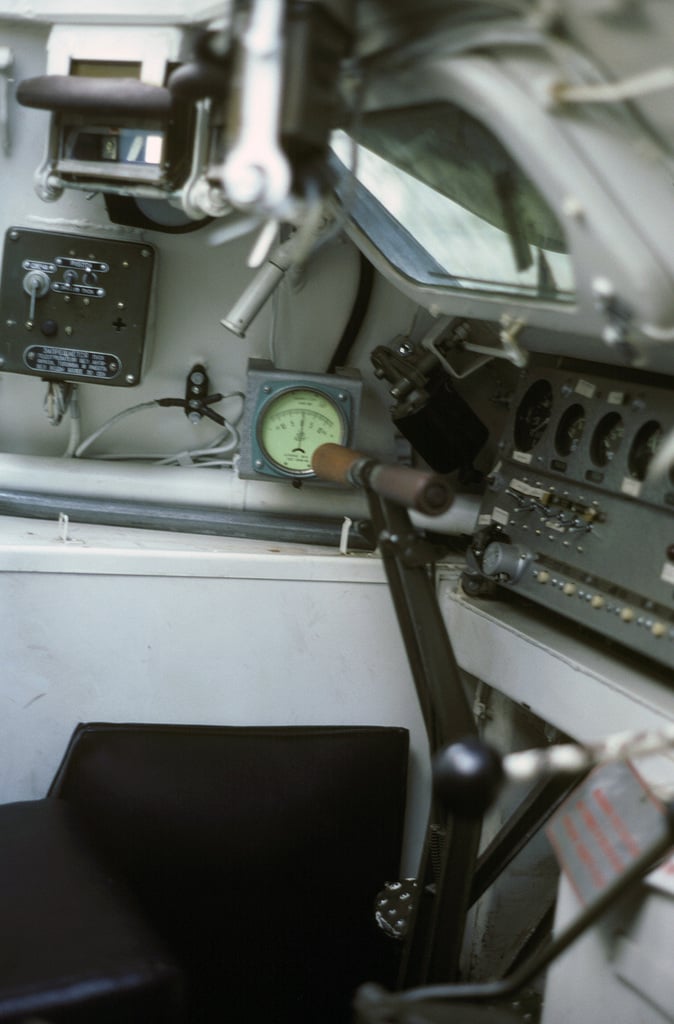 A view of the driver's position inside a Soviet MT-LB multi-purpose ...