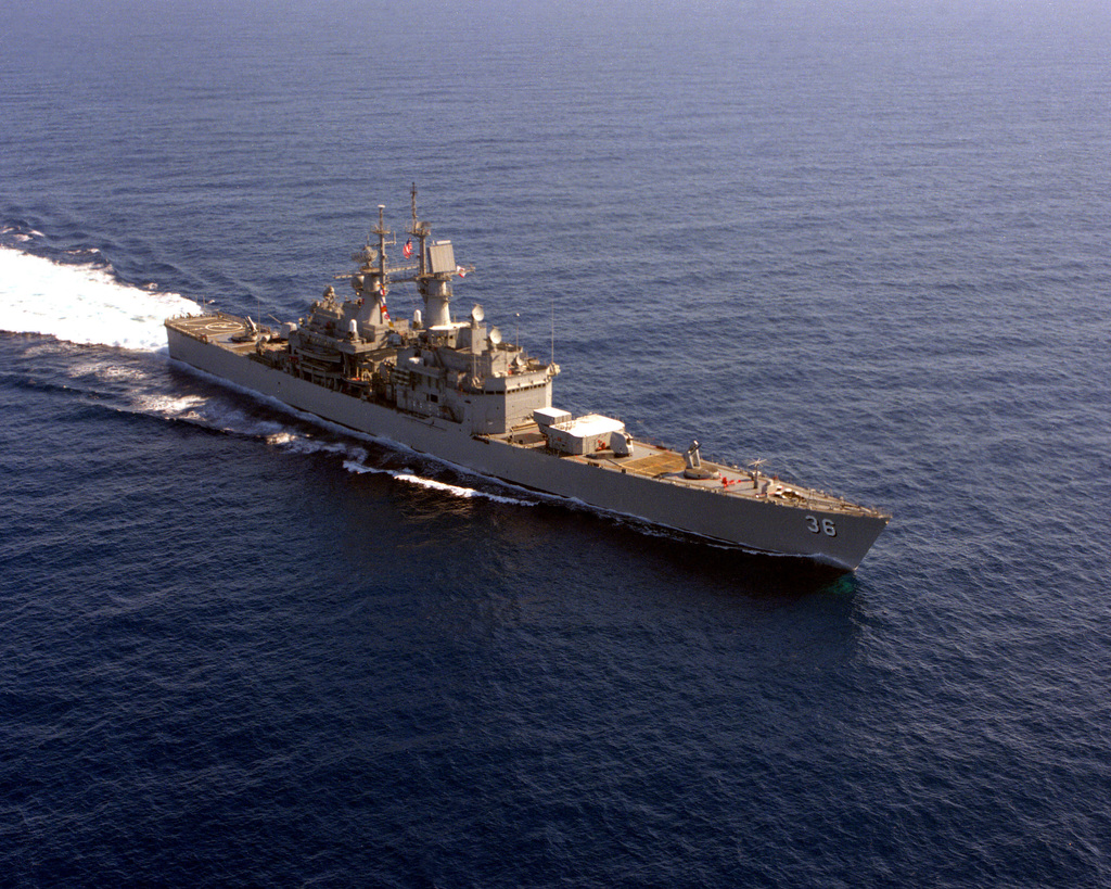 A starboard bow view of the nuclear-powered guided missile cruiser USS ...