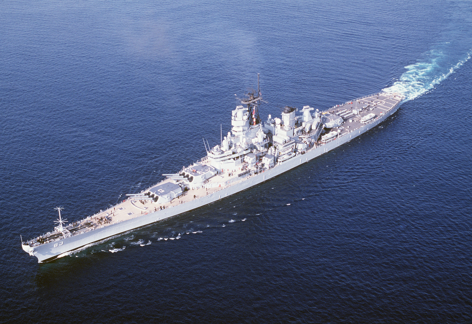 An elevated port bow view of the battleship USS MISSOURI (BB 63 ...