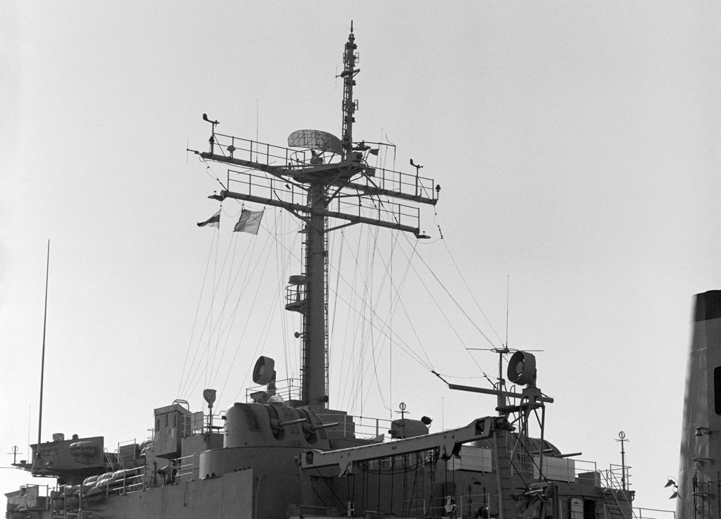 A port amidships view of the mast and superstructure of the tank ...