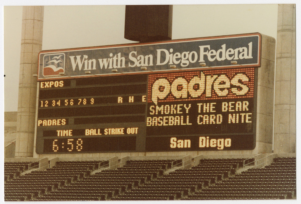 Padres Scoreboard Announcing Smokey Bear Baseball Card Night NARA