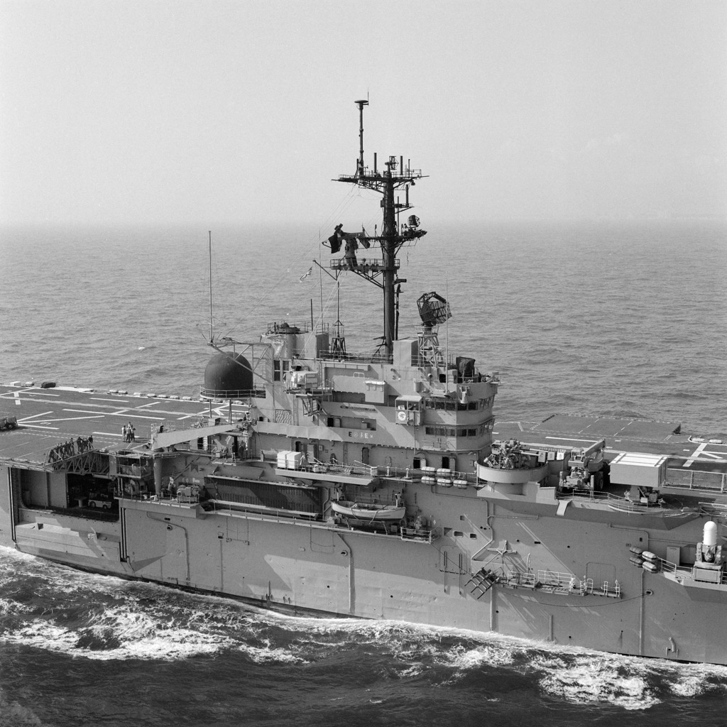 A starboard amidships view of the superstructure of the amphibious ...