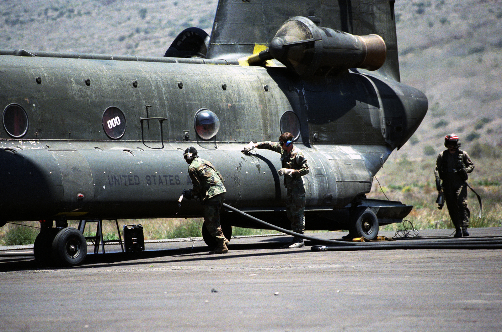 A Ch 47 Chinook Helicopter Is Refueled At Bradshaw Air Field During The