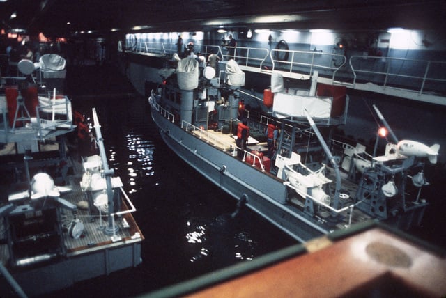 Mine Division 125 minesweeping boats MSB 51 and MSB 28, are positioned ...