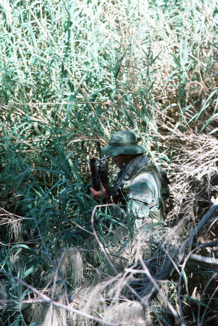 A Sea-Air-Land (SEAL) team member takes his M16A1 rifle equipped with a ...