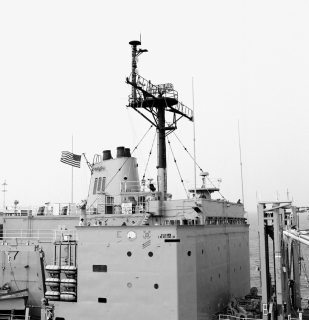 A close-up view of the superstructure of the combat stores ship USS SAN ...