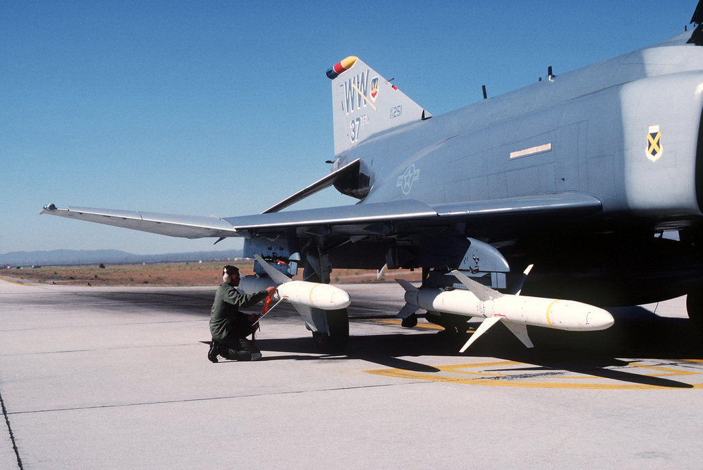 F-4G Phantom fighter aircraft from the 35th Tactical Fighter Wing, Tactical  Air Command, fly over the coastline of Bahrain during Operation Desert  Shield. The aircraft are armed with AGM-88 high-speed, anti-radiation,  air-to-surface