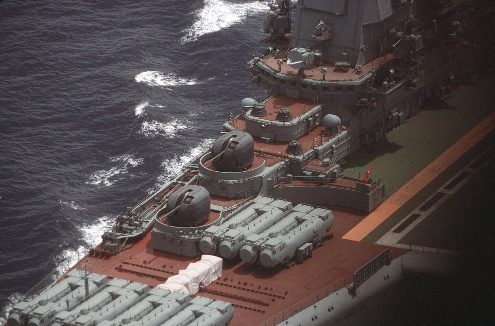 An Aerial View Of Ss N 12 Missile Launchers 30 Mm Admg 630 Anti Missile Guns And 100 Mm Dual Purpose Guns On The Bow Of The Soviet Kiev Class Vstol Aircraft Carrier Baku Cvhg 103