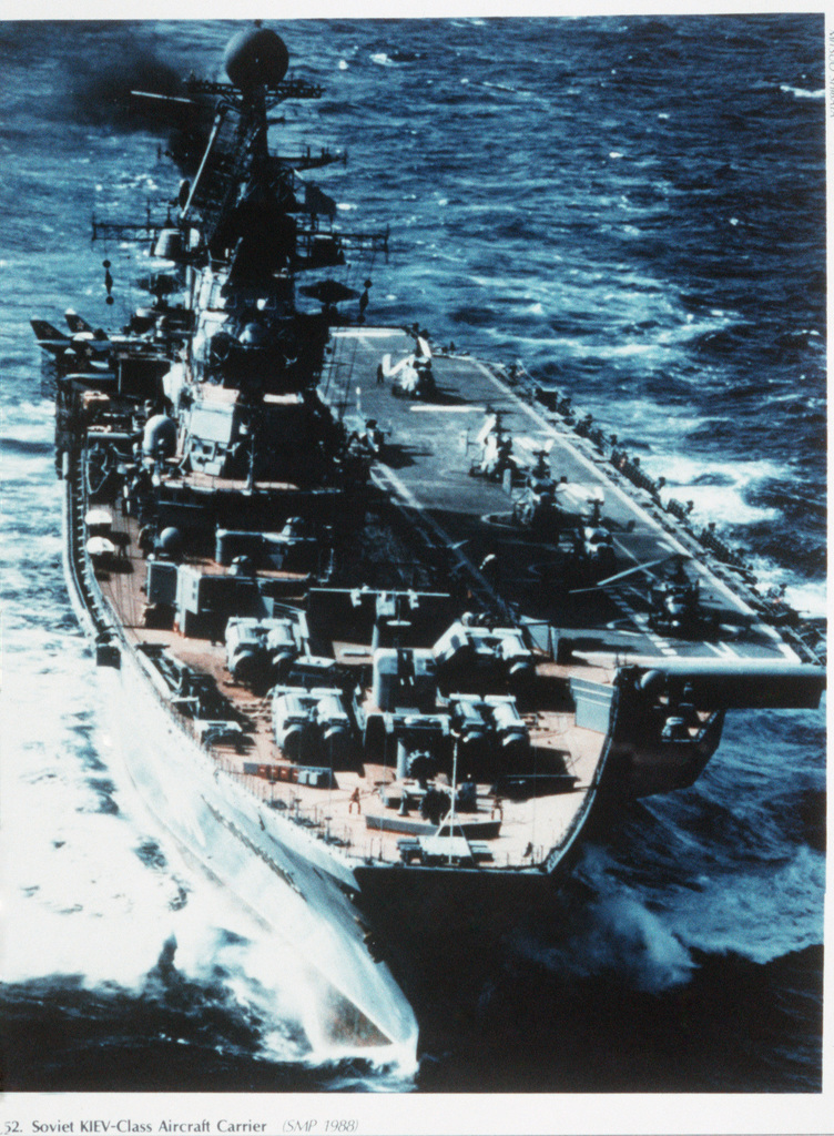 A bow view of a Soviet Kiev class aircraft carrier with SS-N-12 ...