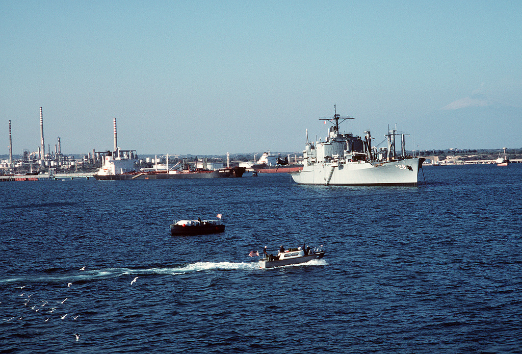 A Starboard Bow View Of The Ammunition Ship Usns Santa Barbara T Ae 28 As A Ch 46 Sea Knight Helicopter Conducts A Vertical Replenishment Operation From The Ship S Stern Picryl Public Domain Image