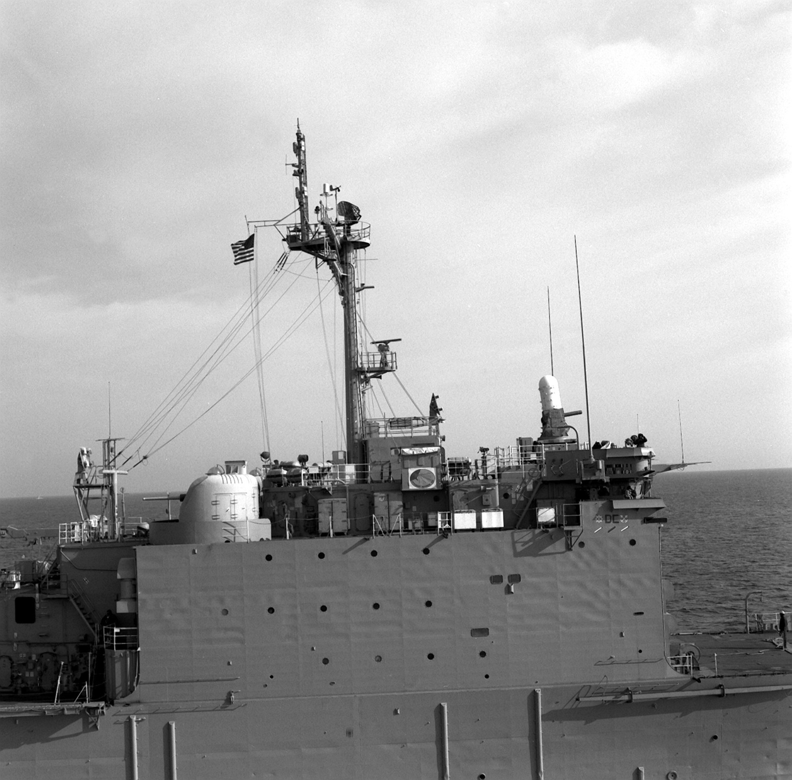 A close-up starboard amidships view of the tank landing ship USS ...