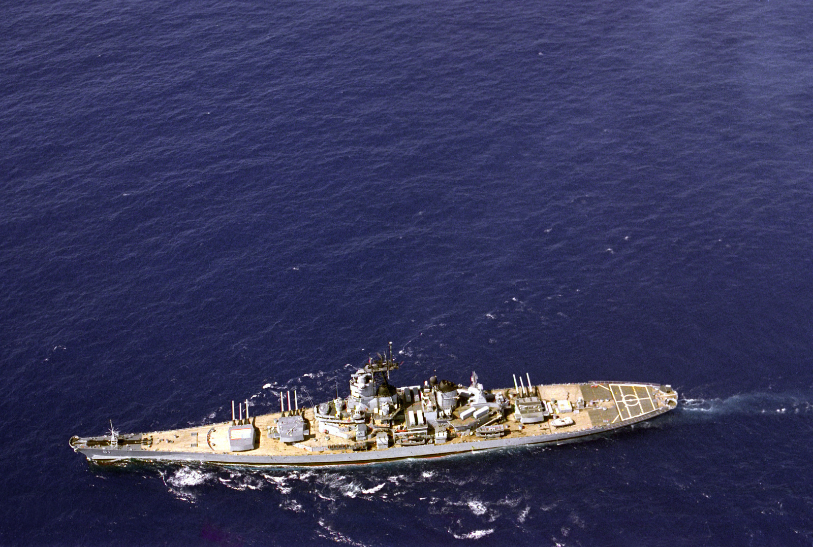 An overhead view of the battleship USS IOWA (BB-61) underway as part of ...