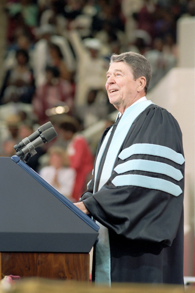 President Ronald Reagan Speaking At The Podium During A Trip To Alabama ...