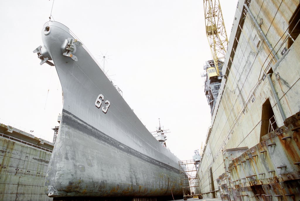 A Port Bow View Of The Battleship Uss Missouri Bb 63 As It Lies In Dry Dock During A Yard 5749