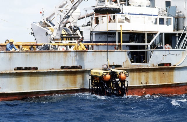 The Navy submersible search and rescue vehicle Deep Drone is raised ...