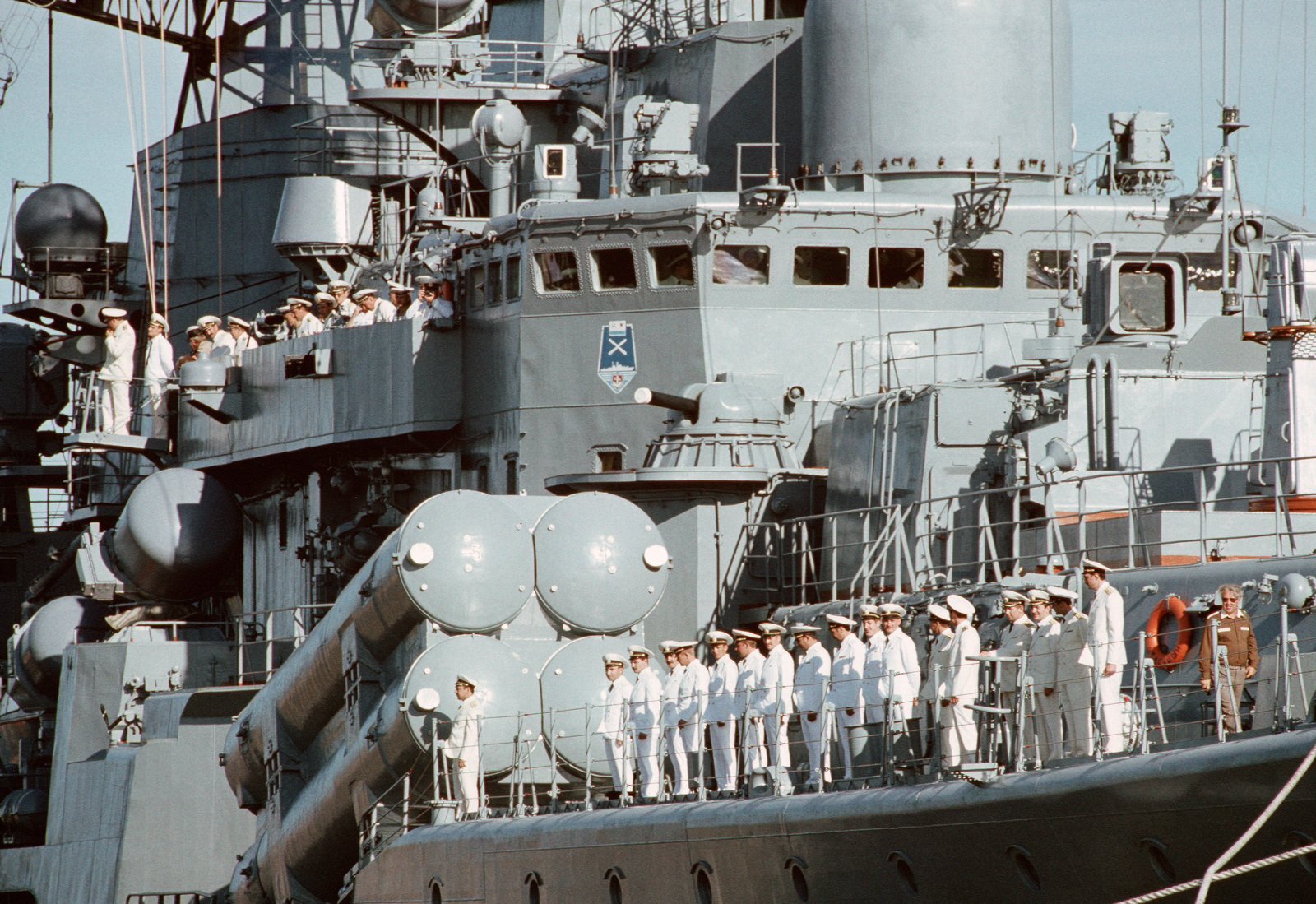 A Close Up View Of Soviet Officers Manning The Rail On The Sovremenny Class The Guided