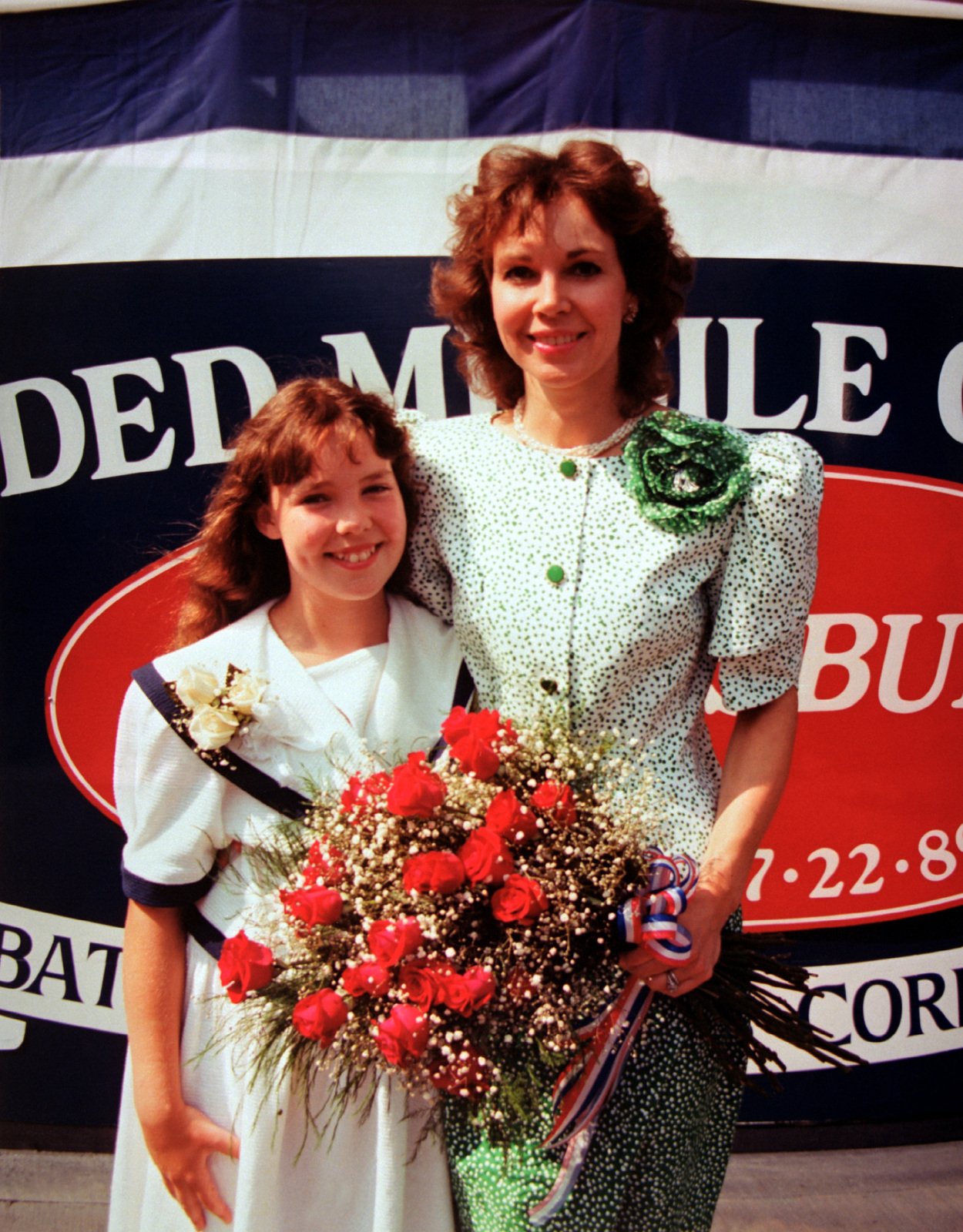 Jeannie Eisenhower Maid Of Honor And Julie Nixon Eisenhower Ship S Sponsor Pose For A Photograph Following The Christening And Launching Ceremony Of The Guided Missile Cruiser Gettysburg Cg 64 At Bath Iron Works