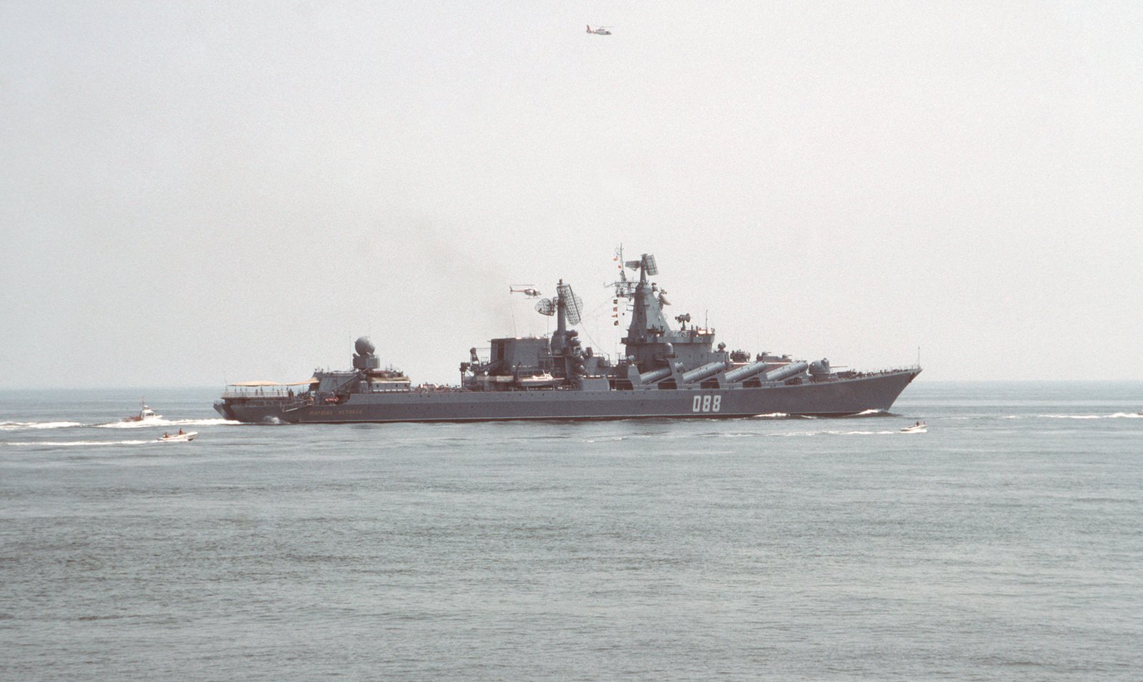 A starboard view of the Soviet Slava Class Guided Missile Cruiser ...