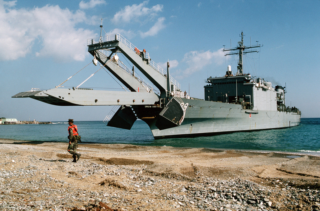 The tank landing ship USS SAN BERNARDINO (LST 1189) prepares to