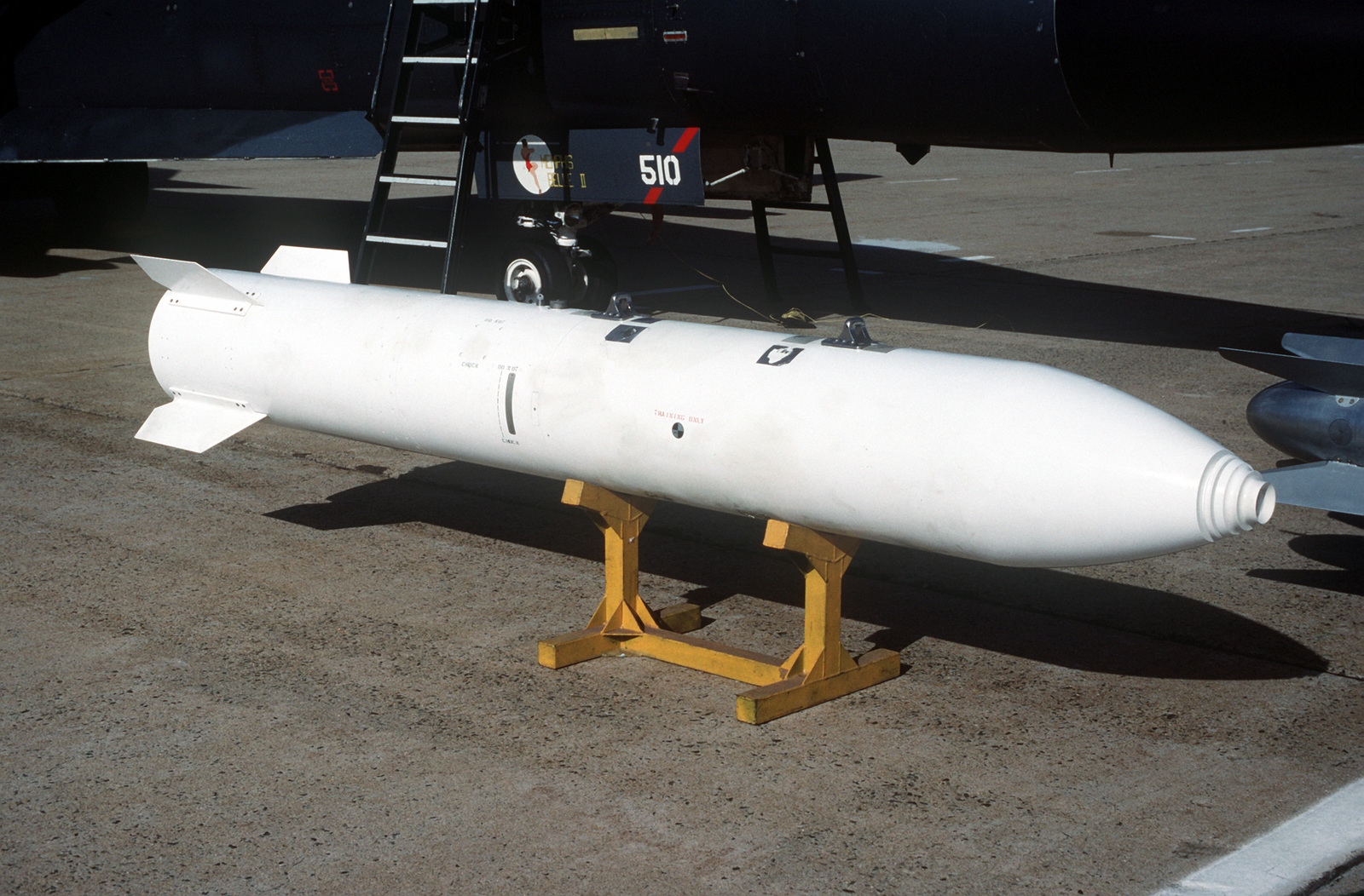 A view of a B-83 nuclear bomb trainer being shown at a static display ...