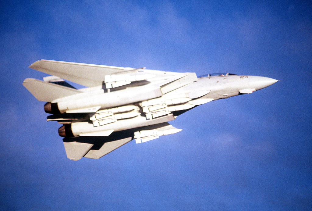 A Right Side View Of A Fighter Squadron 211 Vf 211 F 14a Tomcat Aircraft As It Banks Into A Left Turn The Aircraft Is Carrying Six Atm 54a Dummy Phoenix Missiles Picryl Public