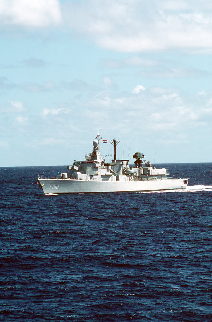 A port view of the Dutch frigate HR MS BANCKERT (F-810) underway during ...