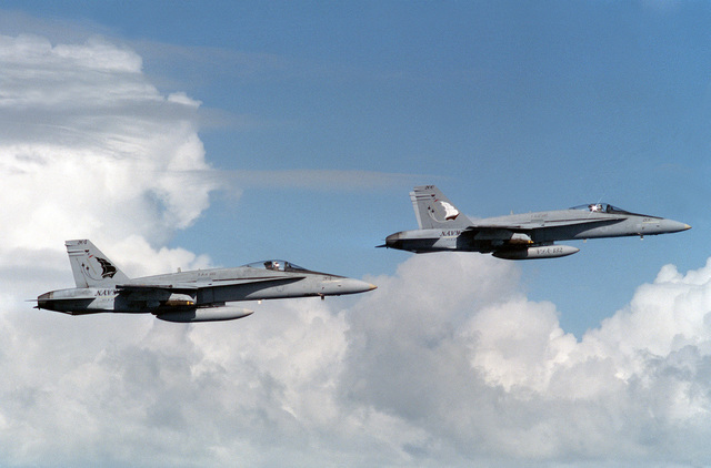 A right side view of two Strike Fighter Squadron 132 (VFA-132) F/A-18A ...