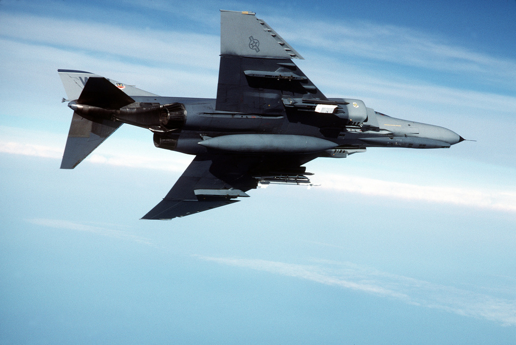 An underside view of an F-4E Phantom II aircraft of the 37th Tactical ...