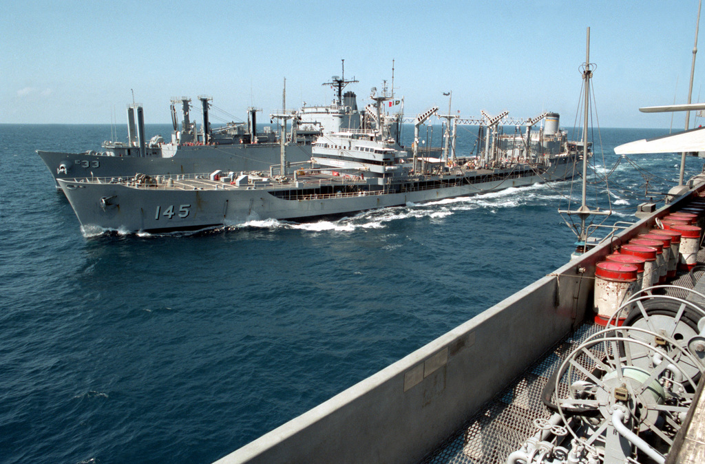 The Fleet Oiler Usns Hassayampa T Ao 145 Steams Between The Ammunition Ship Uss Shasta Ae 33 Background And The Aircraft Carrier Uss Ranger Cv 61 During An Underway Replenishment Picryl Public Domain Image