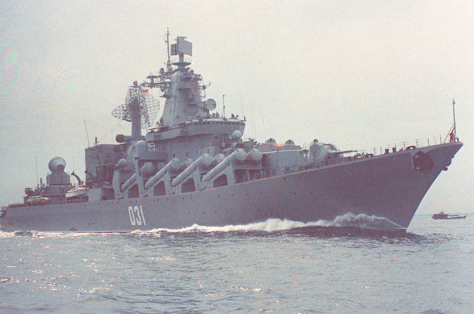 A starboard bow view of the Soviet Slava class guided missile cruiser ...