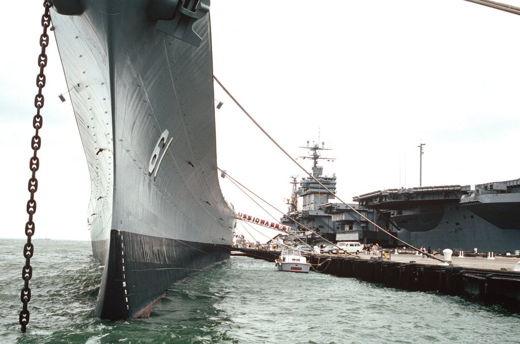 A Close-up Bow View Of The Battleship USS IOWA (BB 61) As It Lies Tied ...