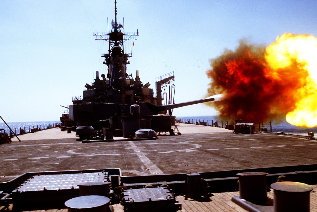 One of the Mark 7 16-inch/50-caliber guns in turret No. 3 aboard the ...