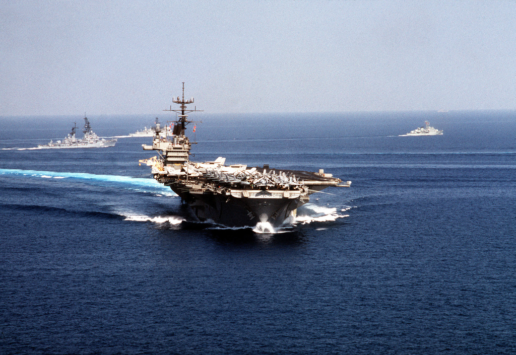 A bow-on view of the Forrestal Class, Aircraft Carrier USS SARATOGA (CV ...