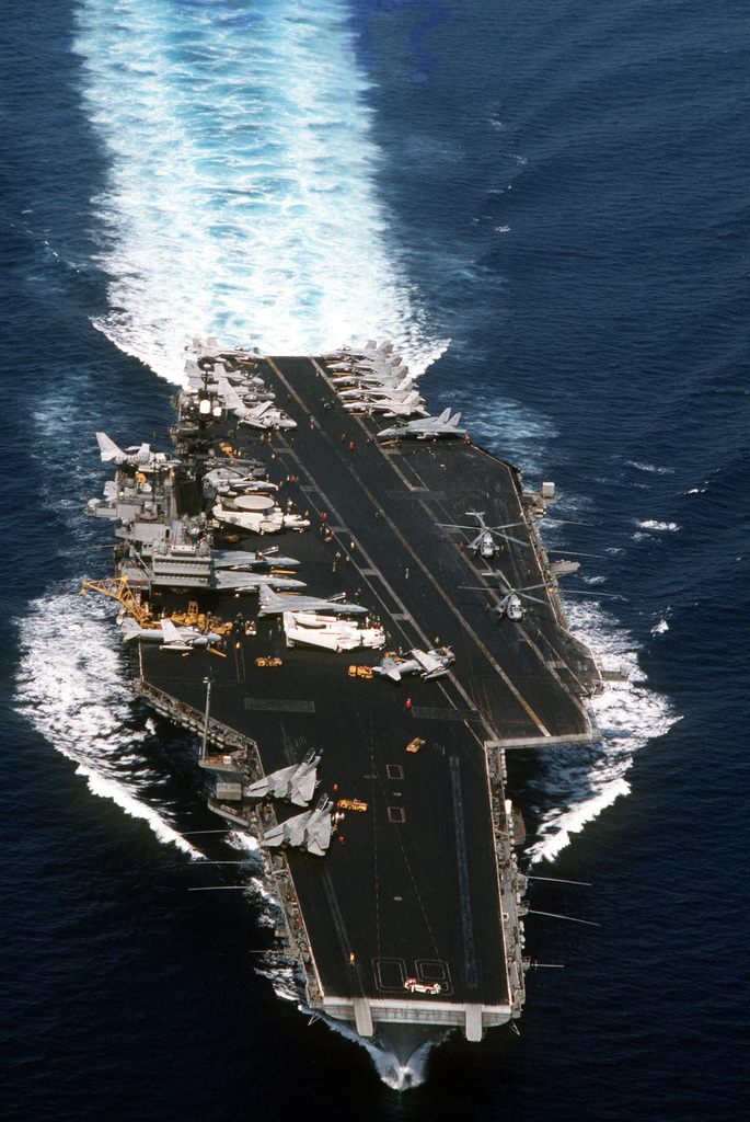 Aerial, bow-on view of the Forrestal Class, Aircraft Carrier USS ...