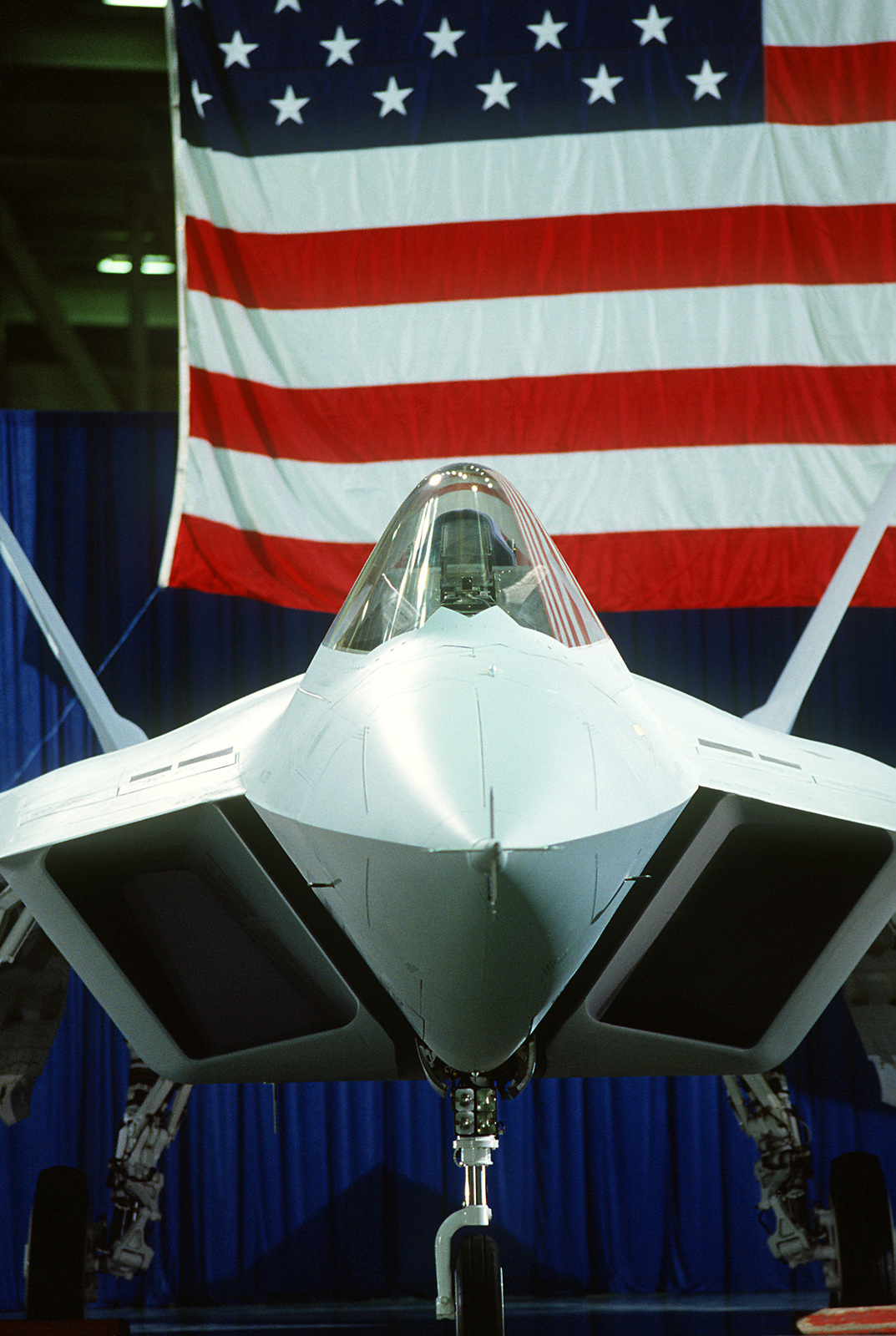 A close-up front view of a prototype YF-22 Advanced Tactical Fighter ...