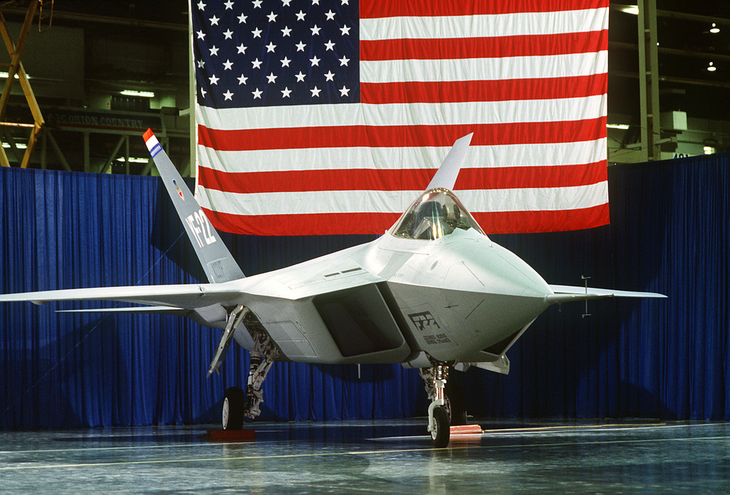 A right front view of a prototype YF-22 Advanced Tactical Fighter (ATF ...