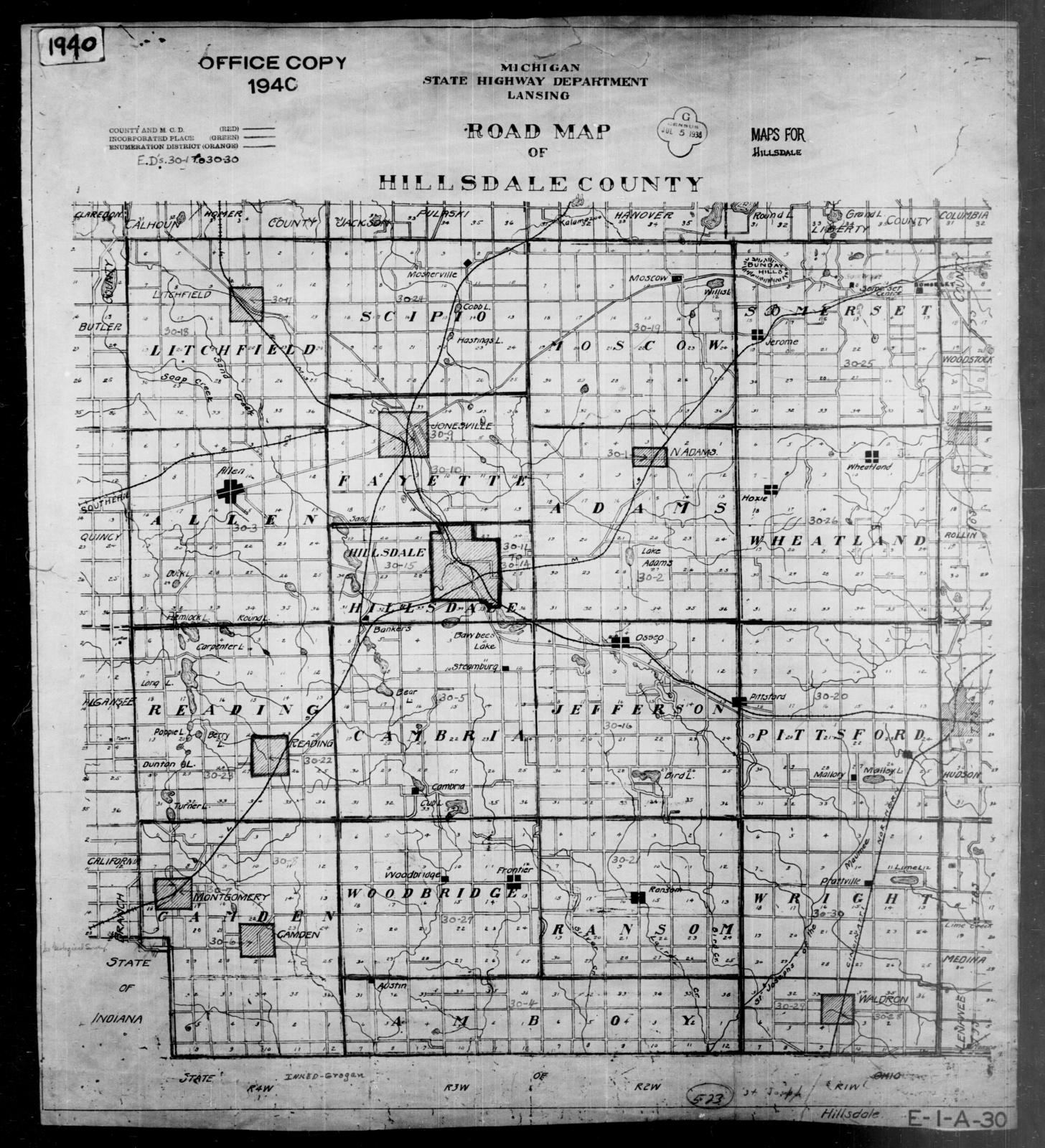 Hillsdale County Plat Map 1940 Census Enumeration District Maps - Michigan - Hillsdale County - Ed  30-1 - Ed 30-30 - Nara & Dvids Public Domain Archive Public Domain Search