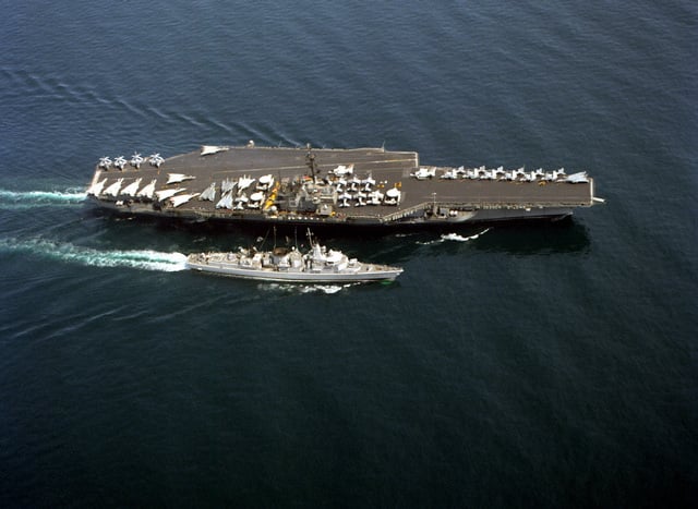 An Overhead View Of The Aircraft Carrier Uss Ranger (cv-61) Conducting 