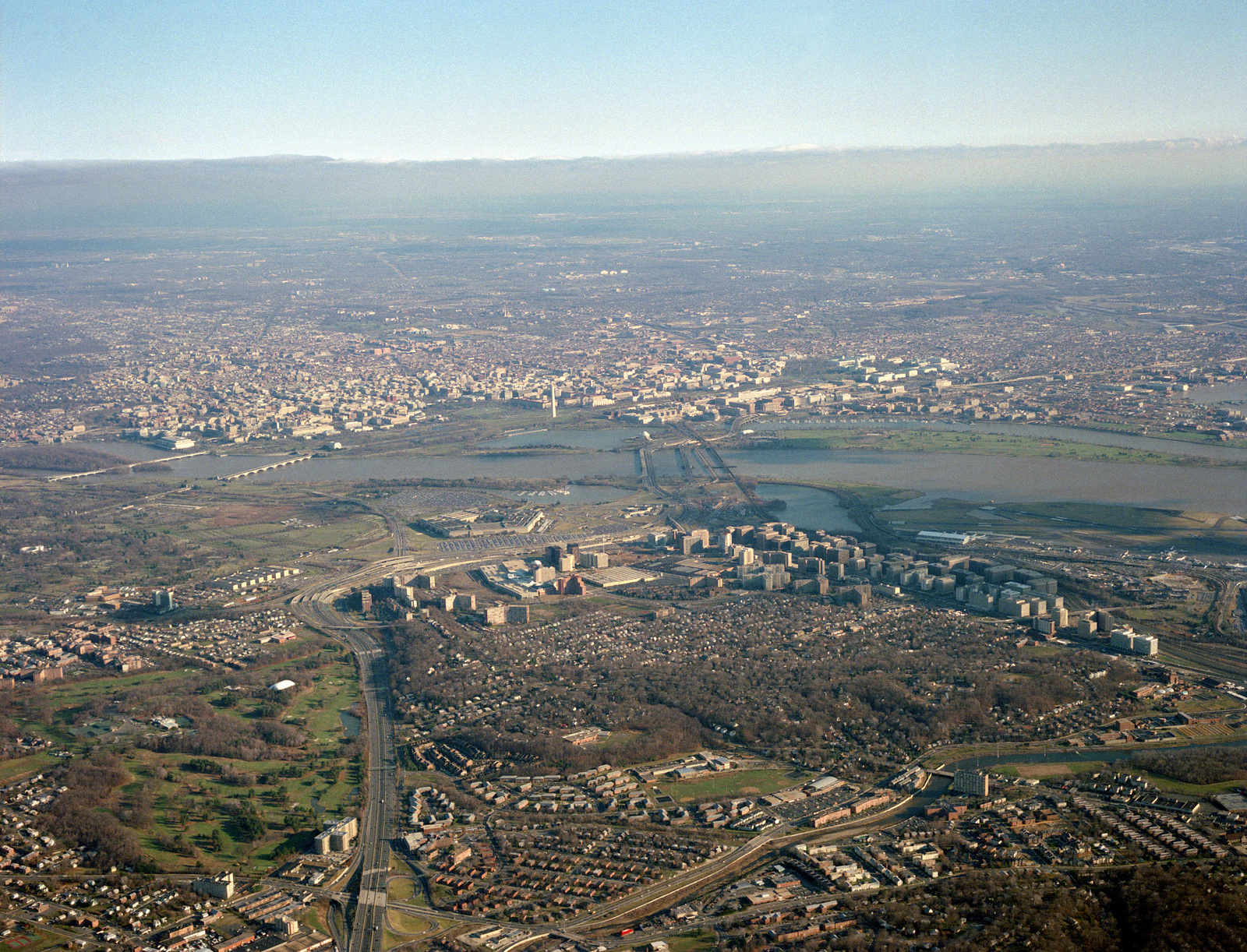 An aerial view of Arlington, Virginia with the Potomac River and Washington, District of 