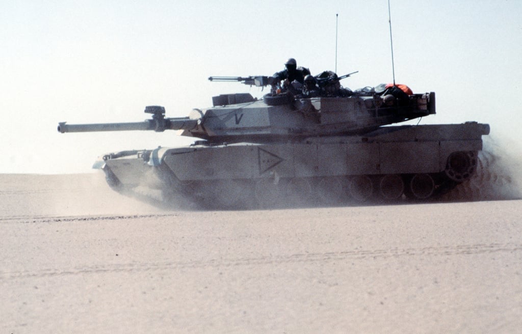 An M-1 Abrams main battle tank moves across the desert during exercise ...