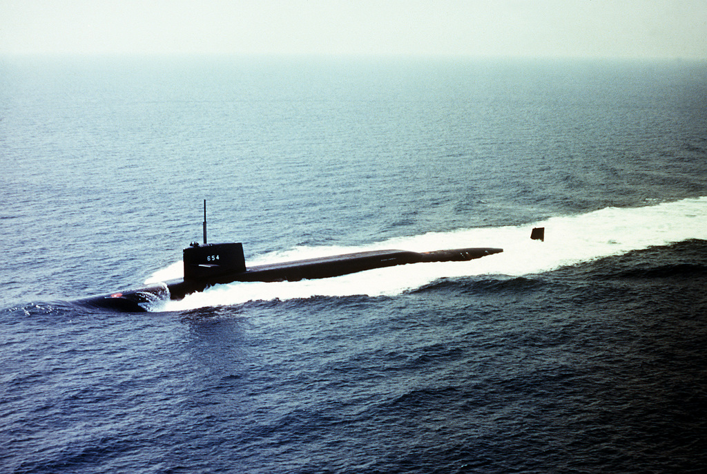 A port bow view of the nuclear-powered strategic missile submarine USS ...