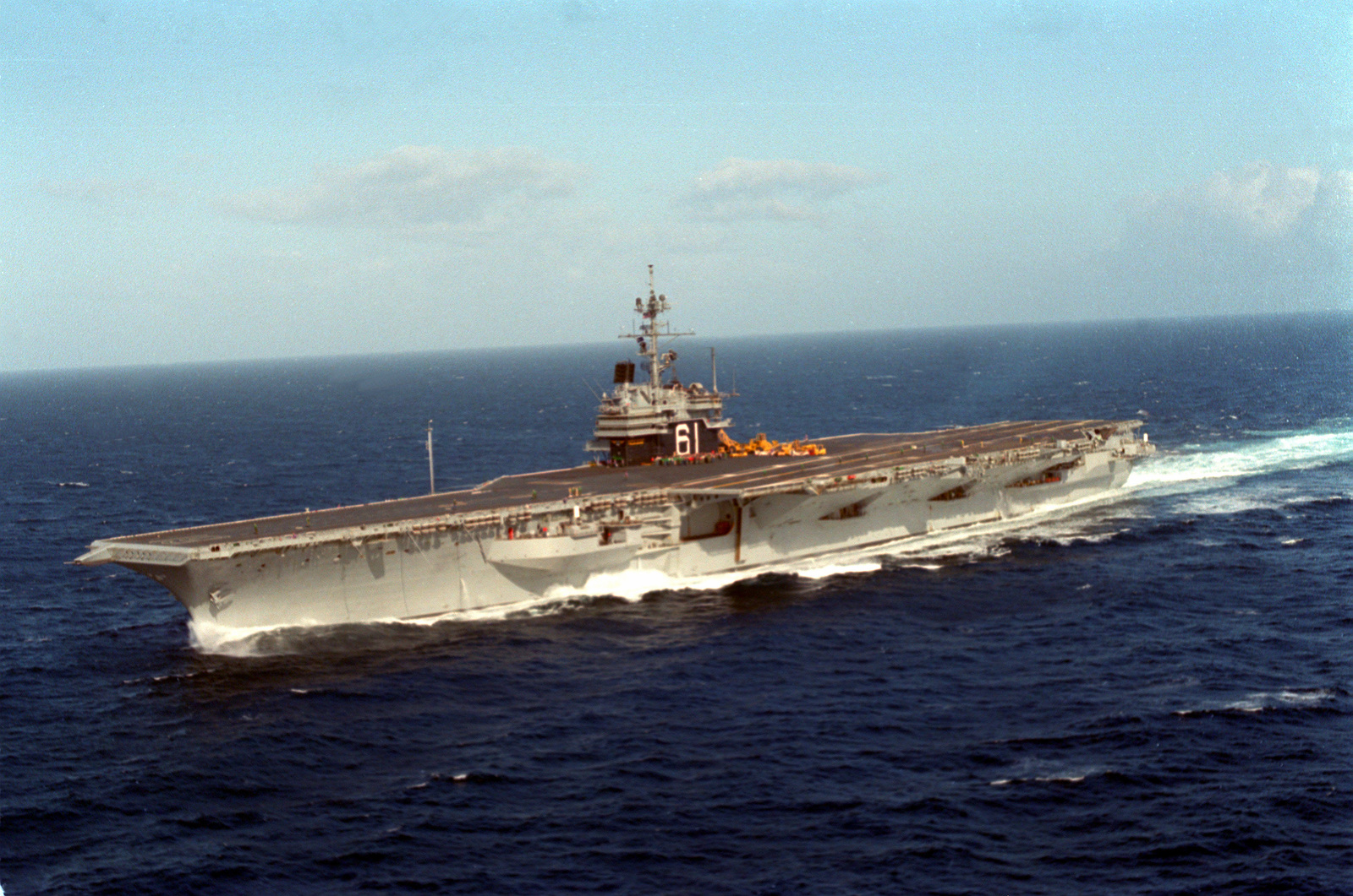 A port bow view of the aircraft carrier USS RANGER (CV-61) underway ...