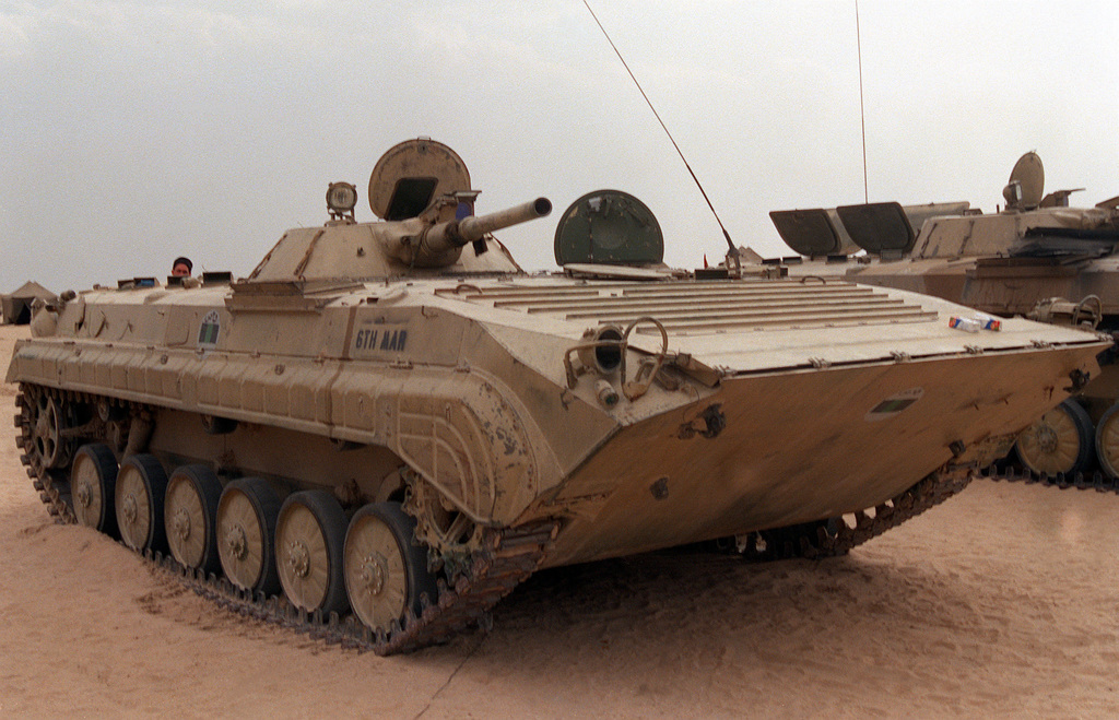 A right front view of a BMP-1 mechanized infantry combat vehicle that ...