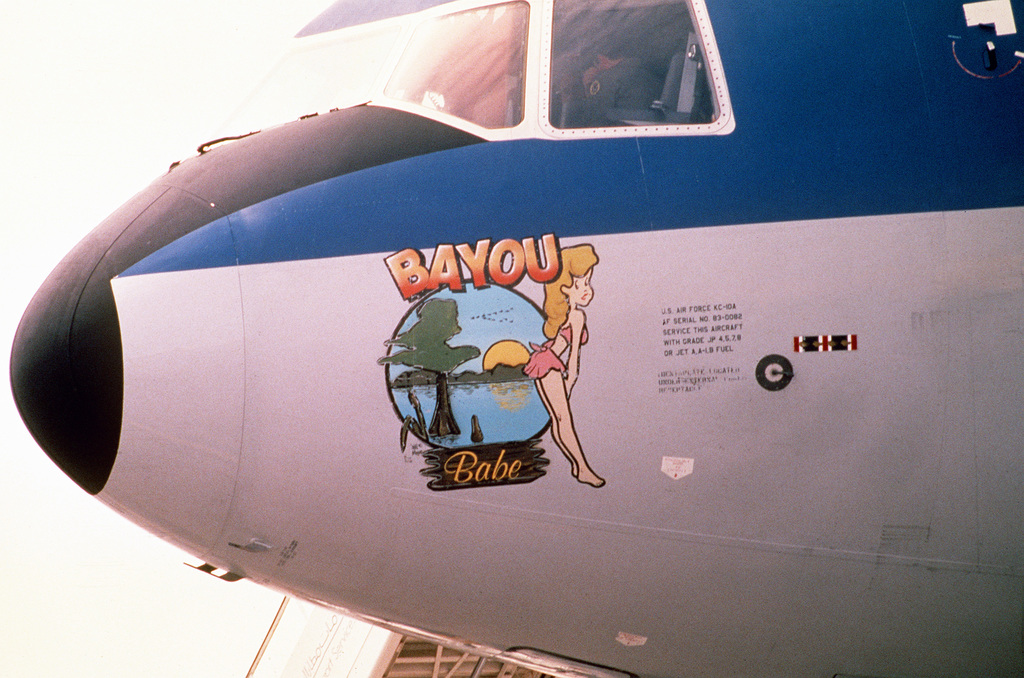 A view of nose art on a KC-10A Extender aircraft dubbed Bayou Babe 