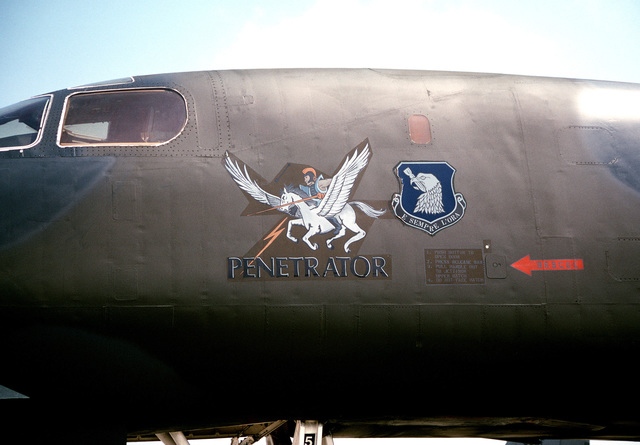 A view of the artwork on the side of a B-1B Lancer aircraft on display ...