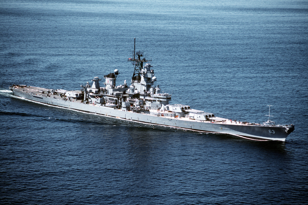 An aerial starboard side view of the battleship USS MISSOURI (BB-63 ...